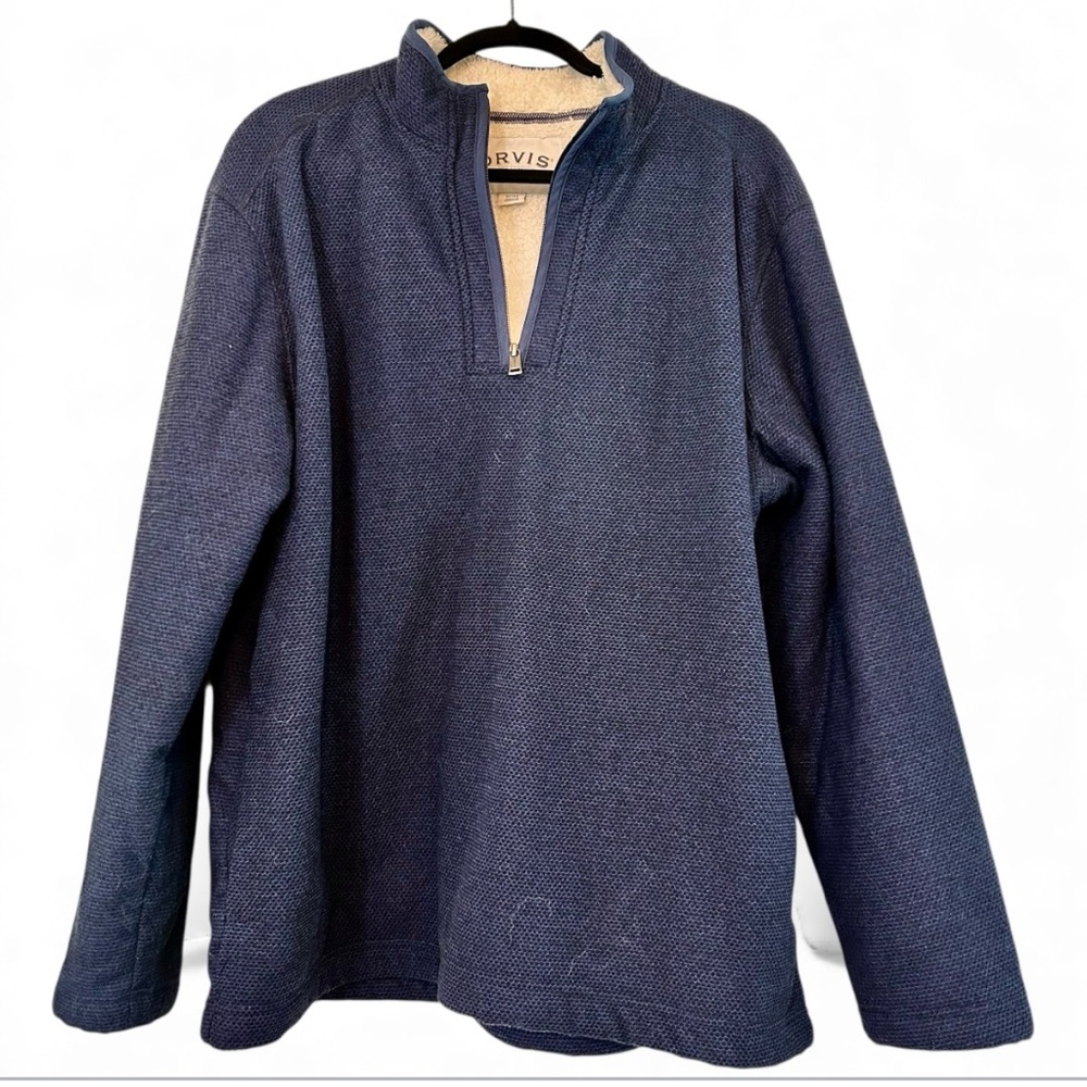 Orvis Navy Quarter-Zip Sherpa Lined Fleece Pullover Shacket Size XL